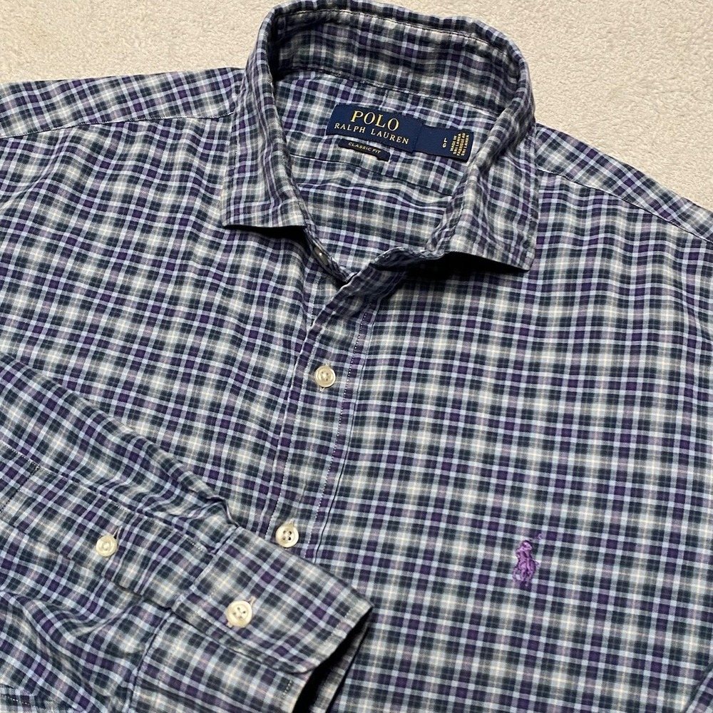 Polo Ralph Lauren Shirt Mens Large Blue Plaid Preppy Long Sleeve Button Up Pony